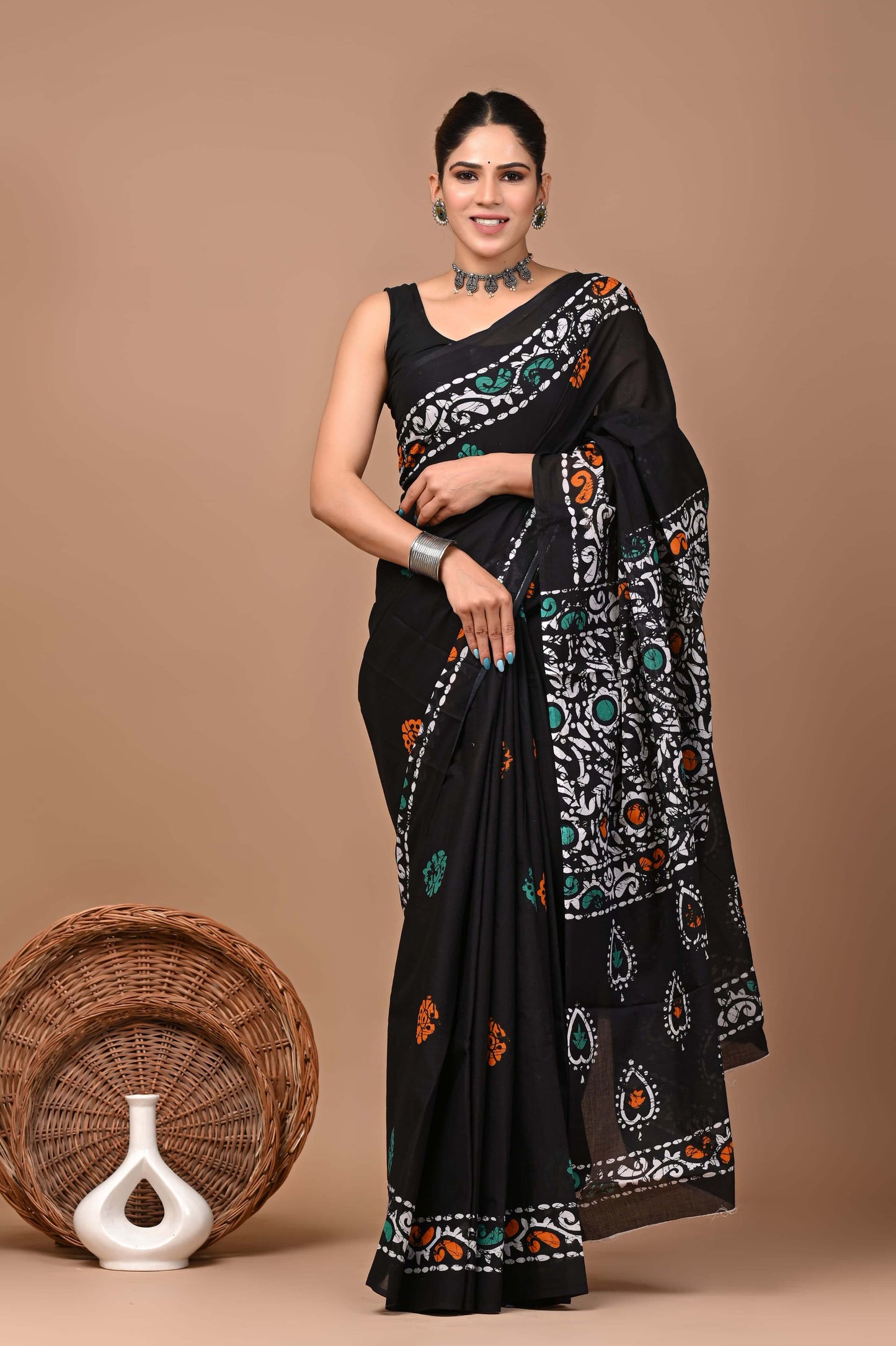 Bagrukala Hand Block Printed Cotton Mulmul Saree with Blouse for Women