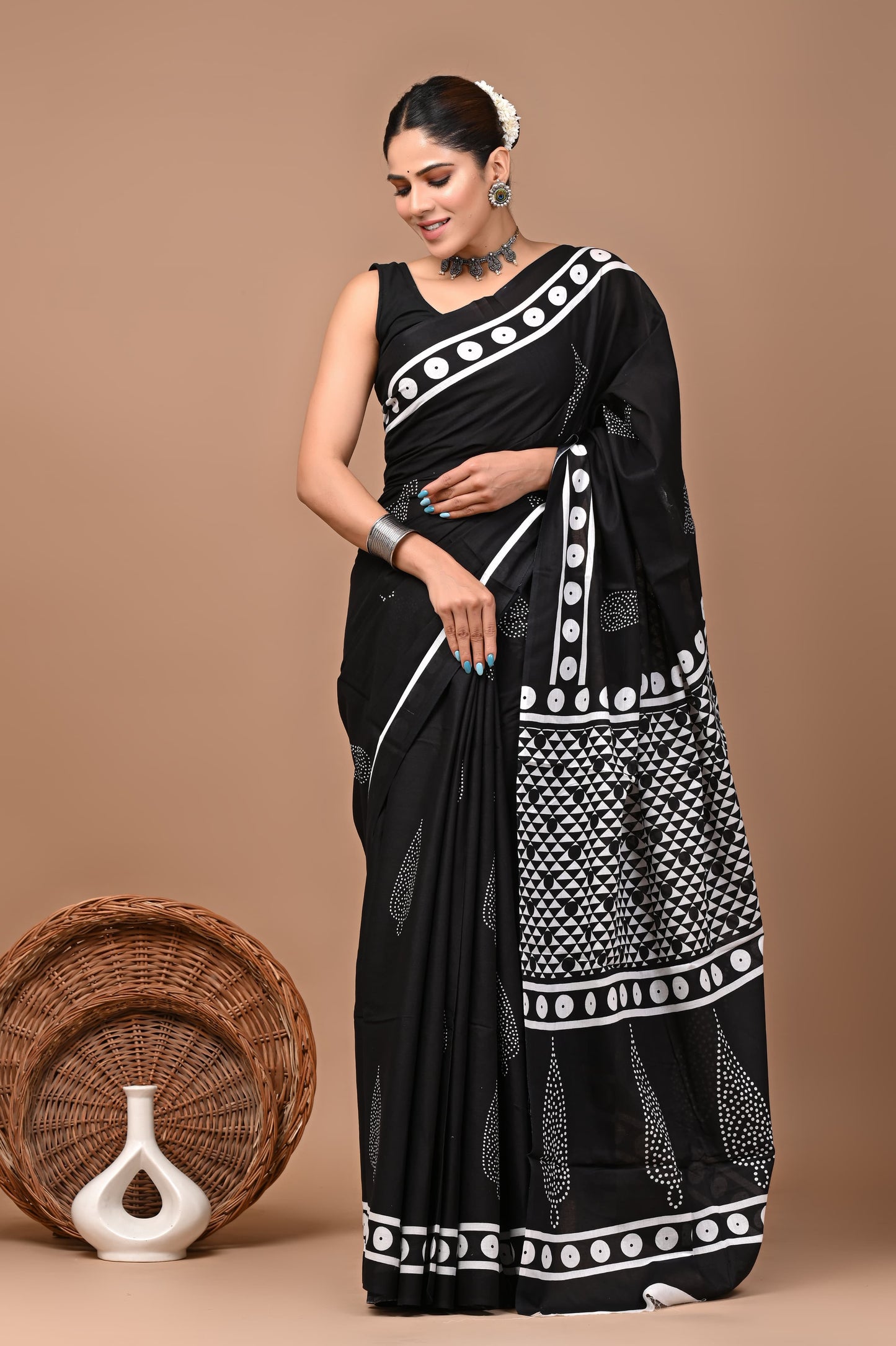 Bagrukala Hand Block Printed Black Cotton Mulmul Saree with Blouse for Women