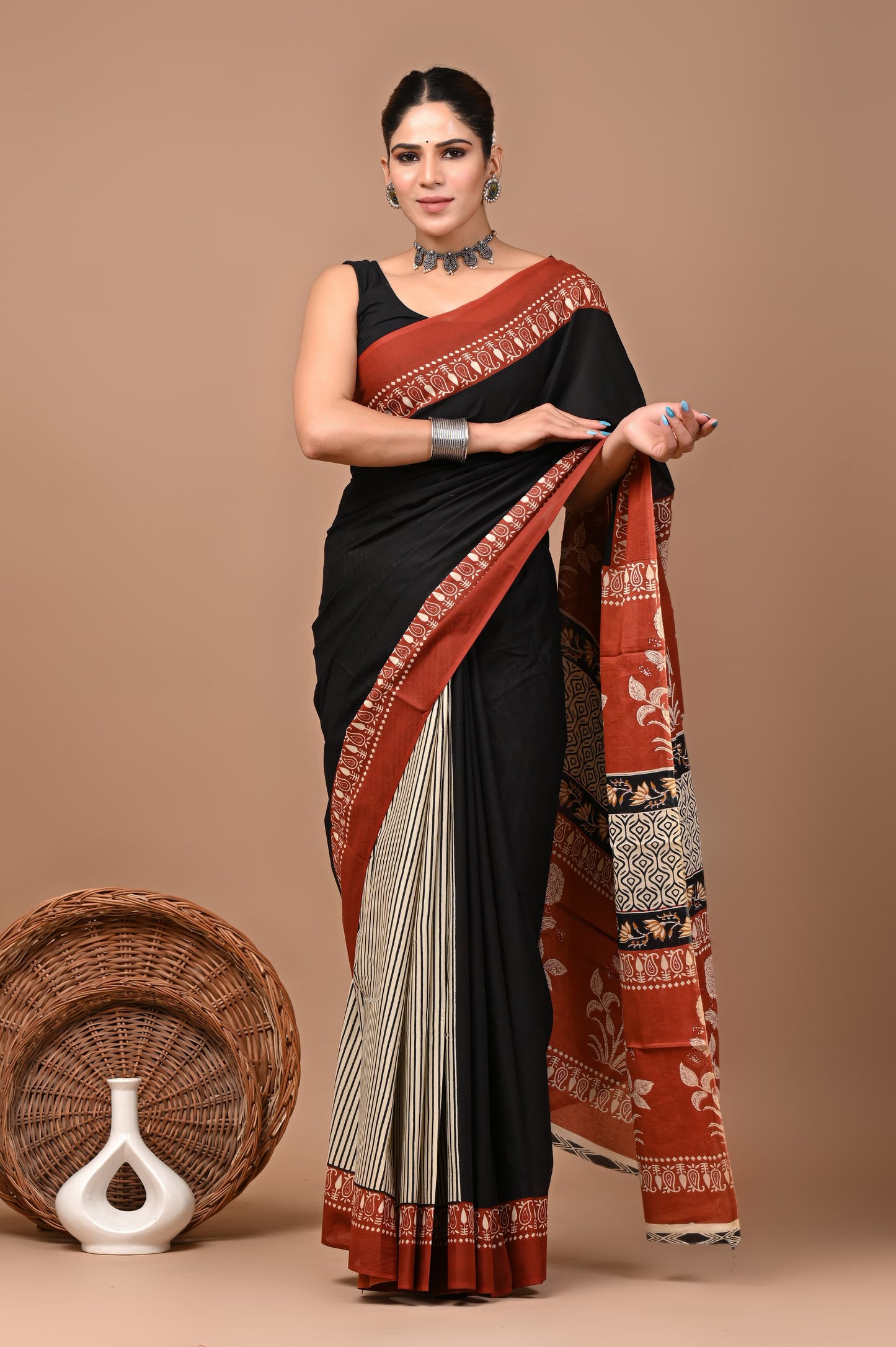 Bagrukala Hand Block Printed Cotton Mulmul Saree with Blouse for Women