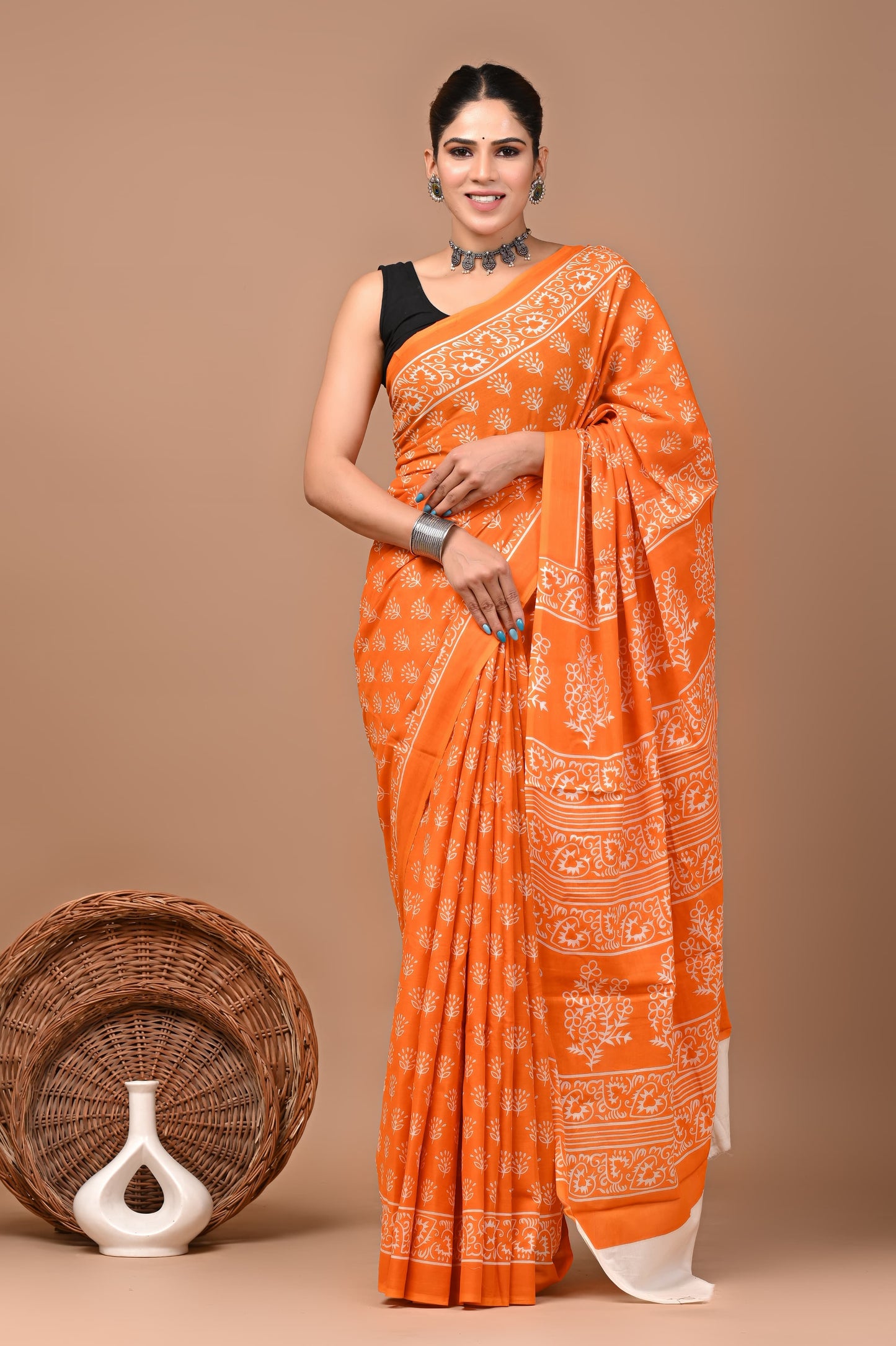 Bagrukala Hand Block Printed Cotton Mulmul Saree with Blouse for Women