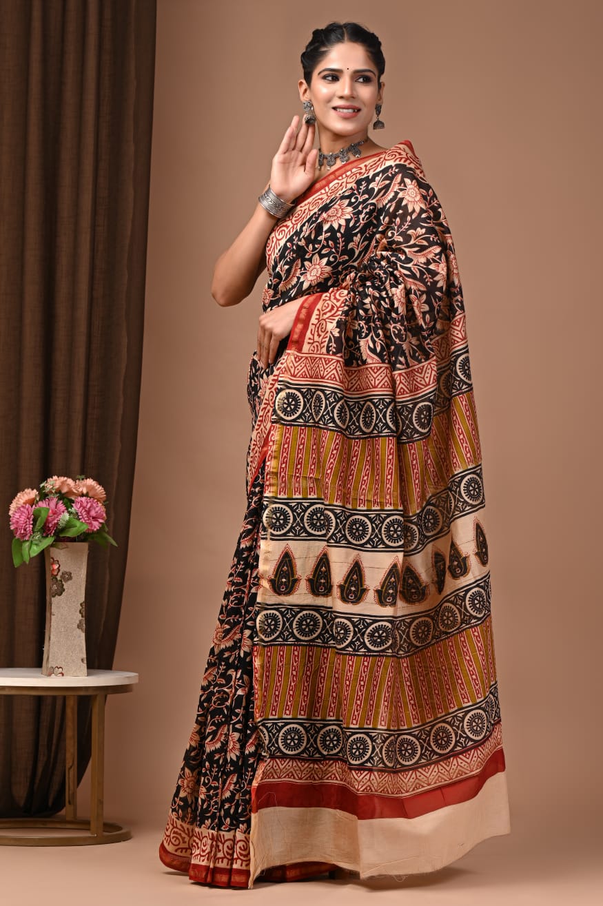 Handblock Chanderi Silk Saree