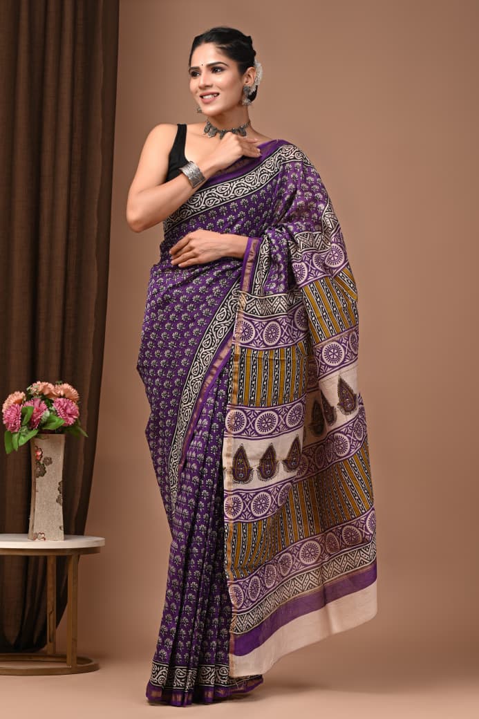 Exclusive Bagru Hand Block Pritned Chanderi Silk Saree with Blouse