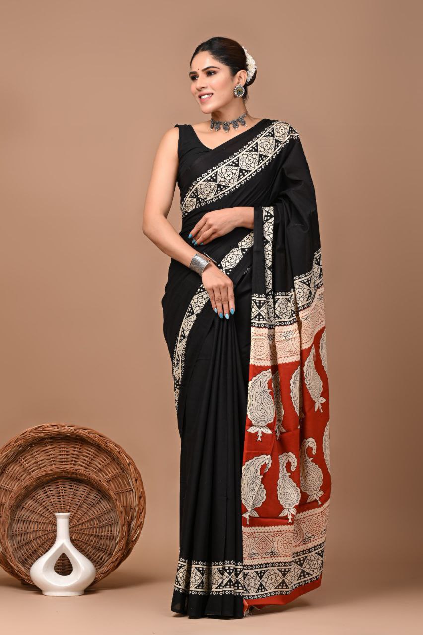 Bagrukala Authentic Bagru Print Cotton Saree with Blouse – Soft Daily Elegance