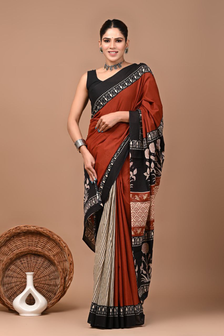 Bagrukala Authentic Bagru Print Cotton Saree with Blouse – Soft Daily Elegance