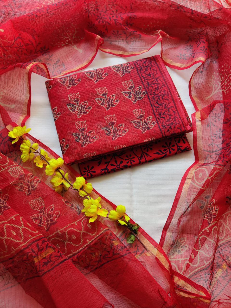 Bagrukala Traditional Handblock Kota Doriya Suit with Cotton Bottom