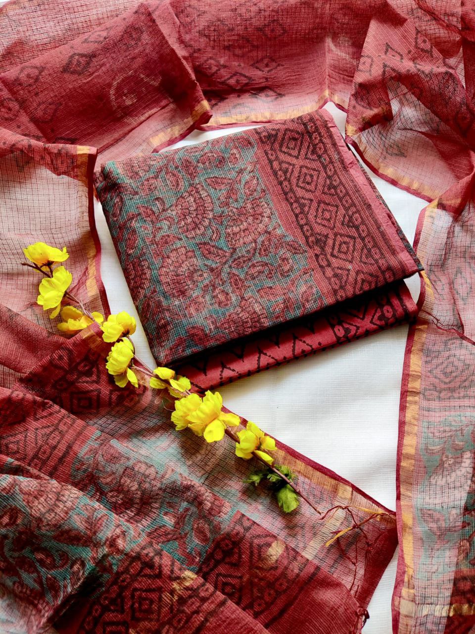 Bagrukala Traditional Handblock Kota Doriya Suit with Cotton Bottom