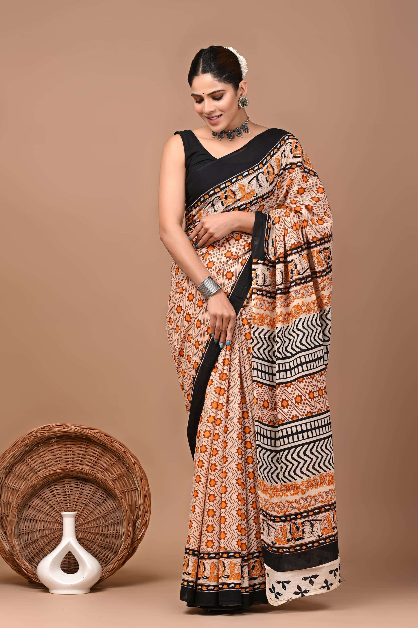 Bagrukala Hand Block Printed Cotton Mulmul Saree with Blouse for Women