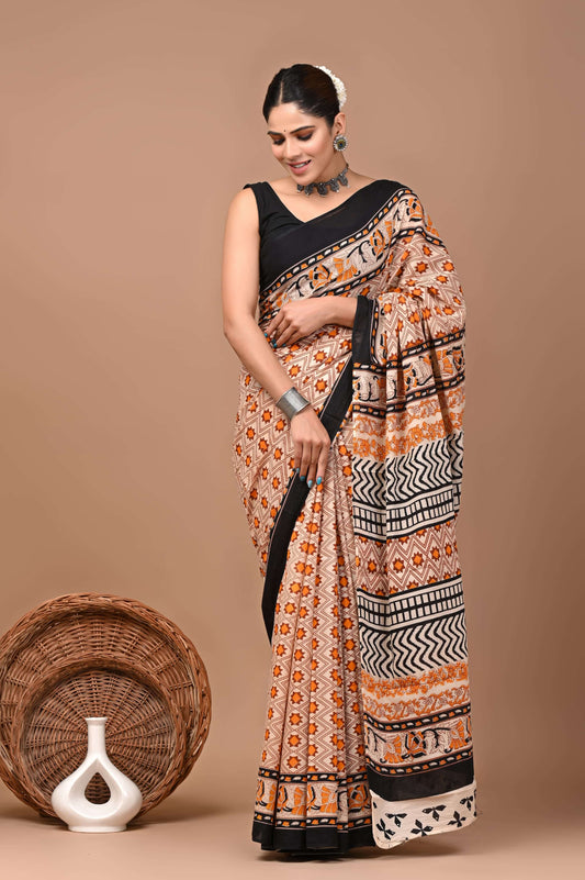 Bagrukala Hand Block Printed Cotton Mulmul Saree with Blouse for Women