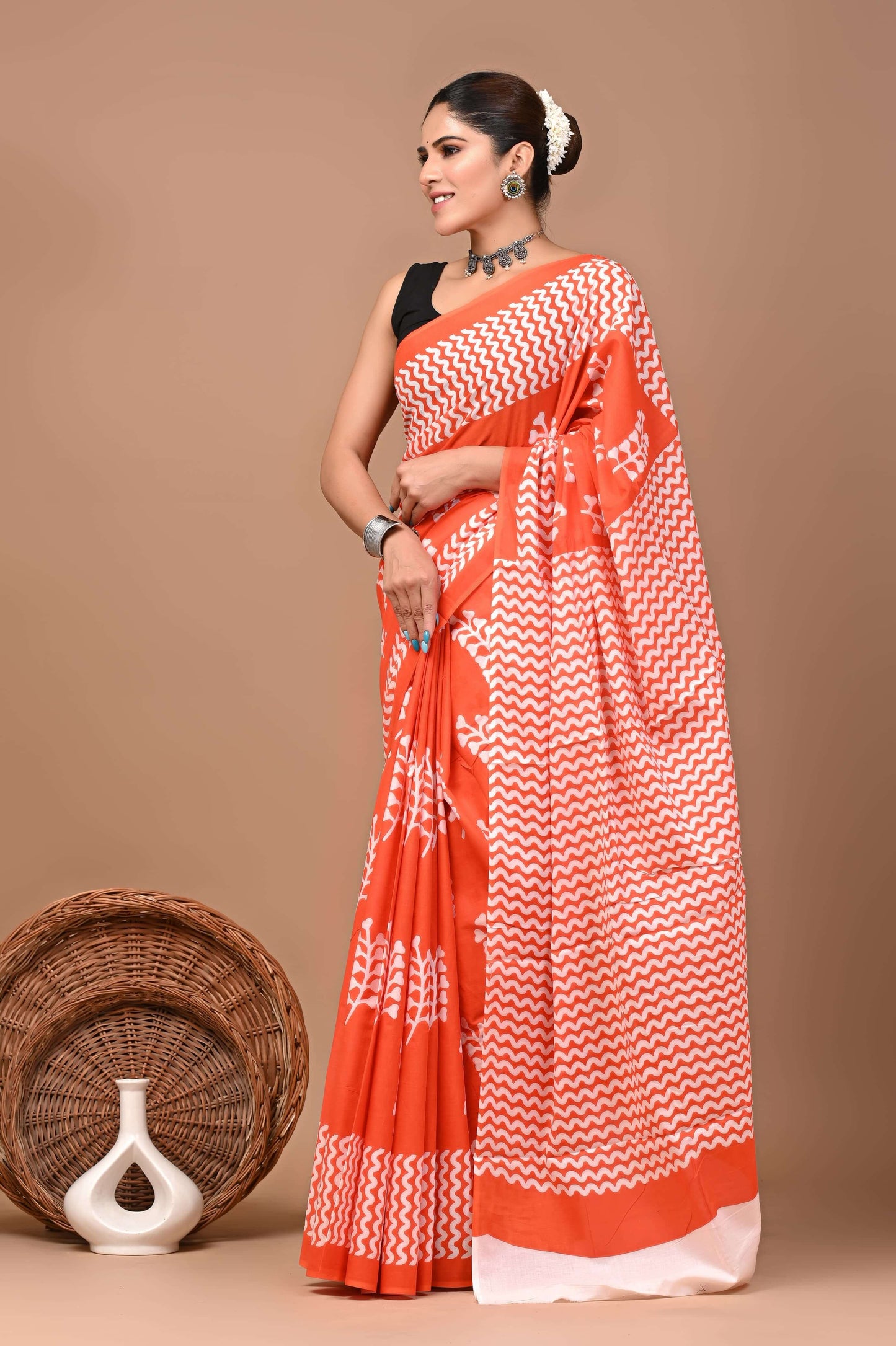 Bagrukala Hand Block Printed Cotton Mulmul Saree with Blouse for Women