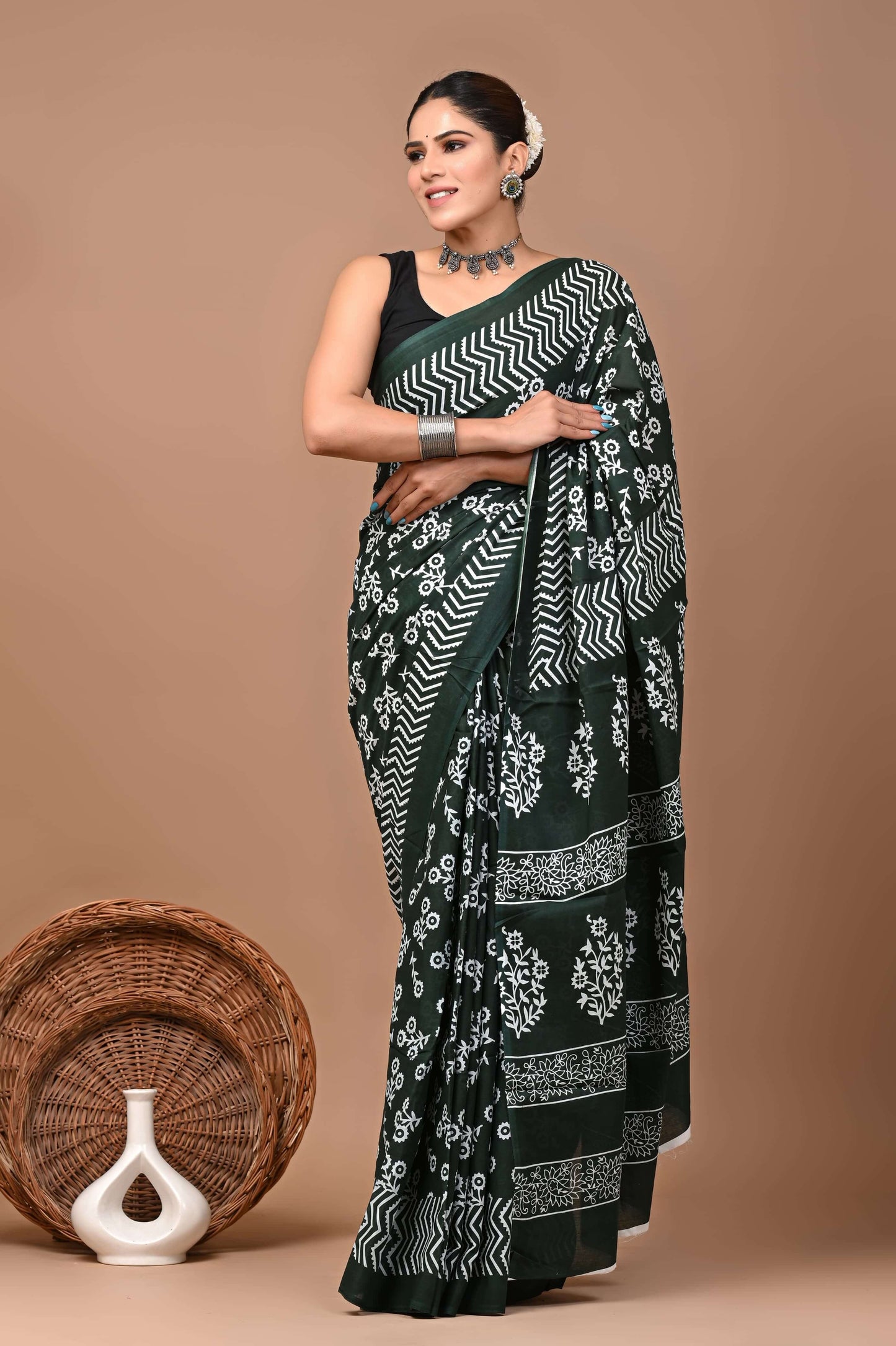 Bagrukala Hand Block Printed Cotton Mulmul Saree with Blouse for Women