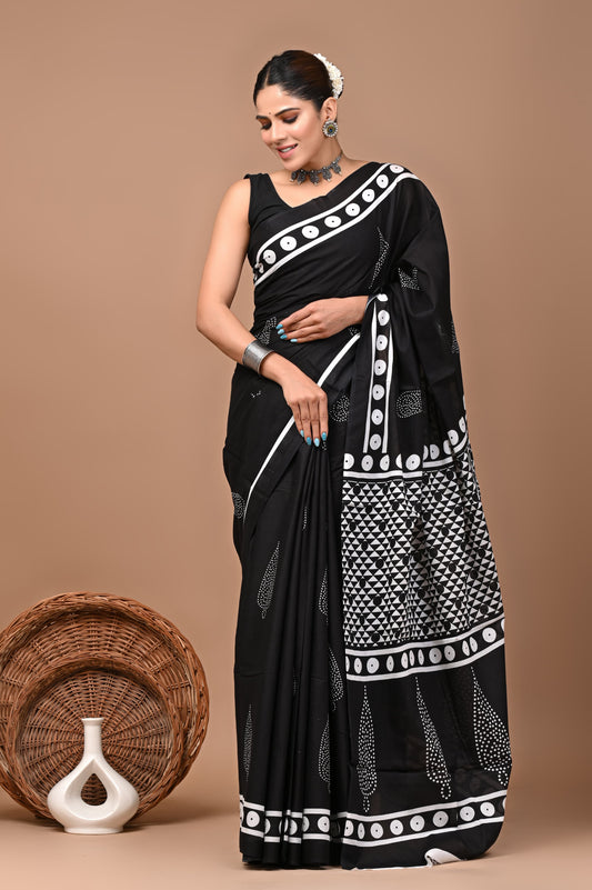 Bagrukala Hand Block Printed Black Cotton Mulmul Saree with Blouse for Women