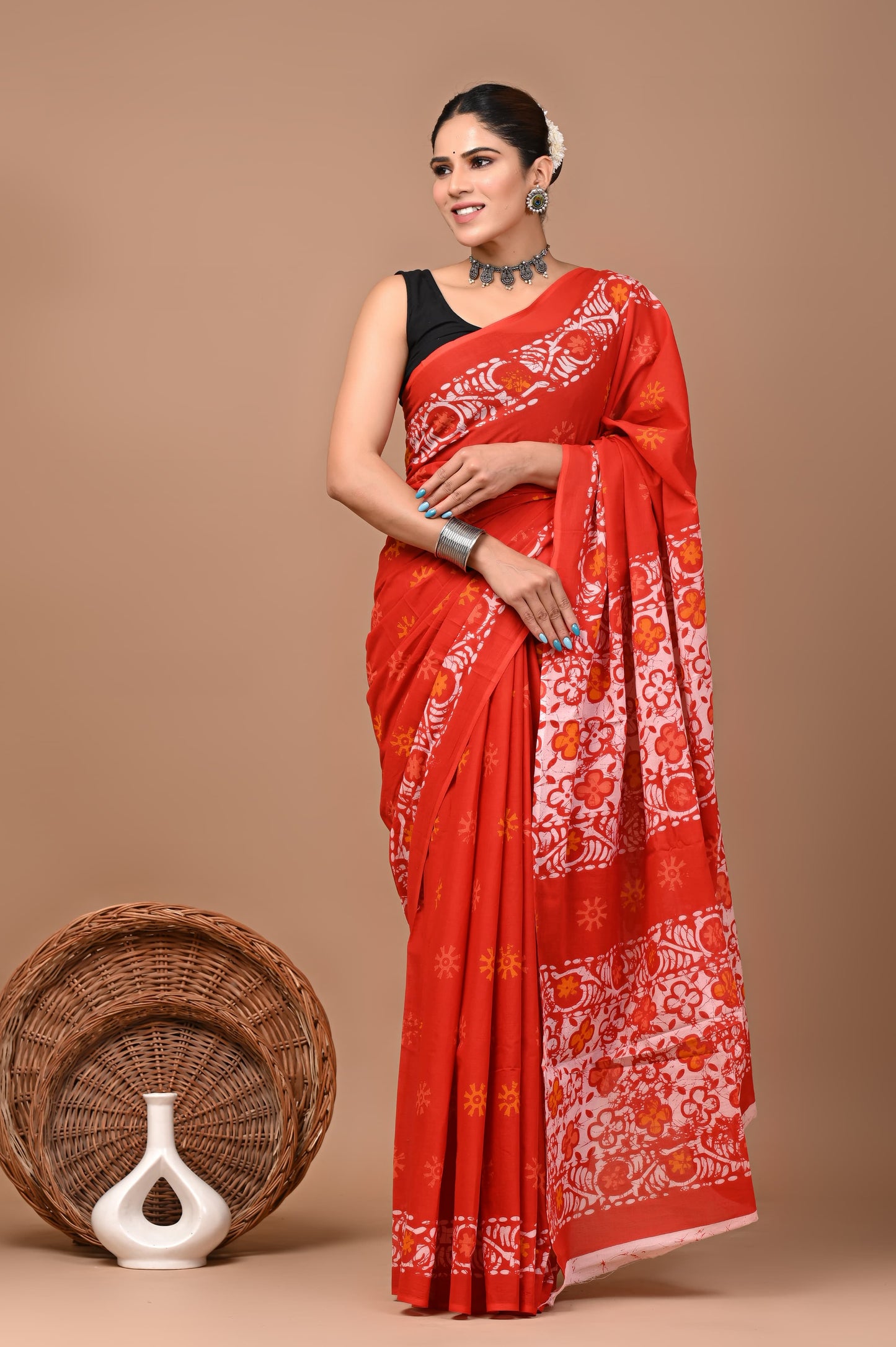 Bagrukala Hand Block Printed Cotton Mulmul Saree with Blouse for Women