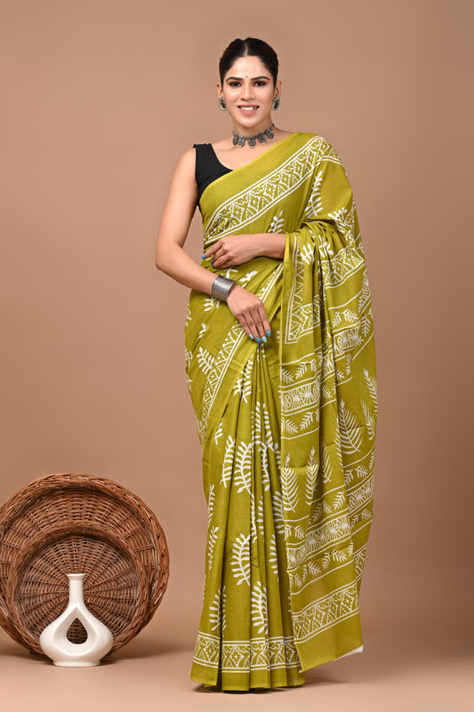 Bagrukala Hand Block Printed Cotton Mulmul Saree with Blouse for Women