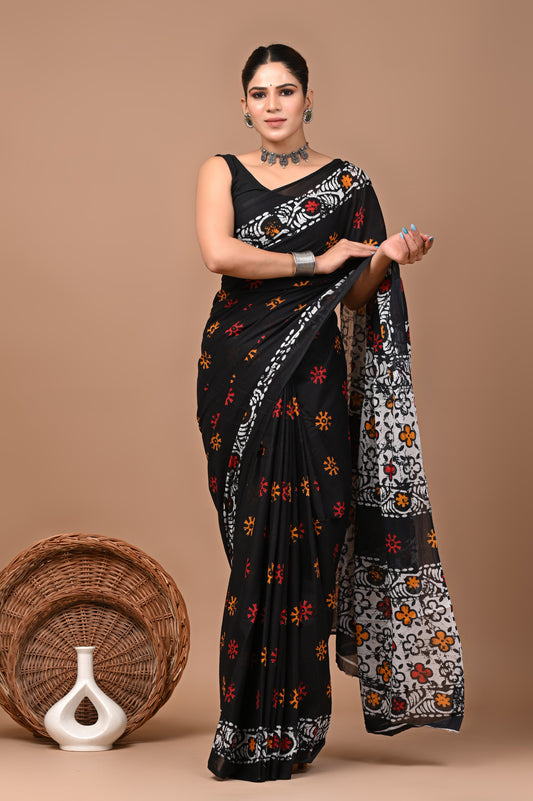 Bagrukala Hand Block Printed Cotton Mulmul Saree with Blouse for Women