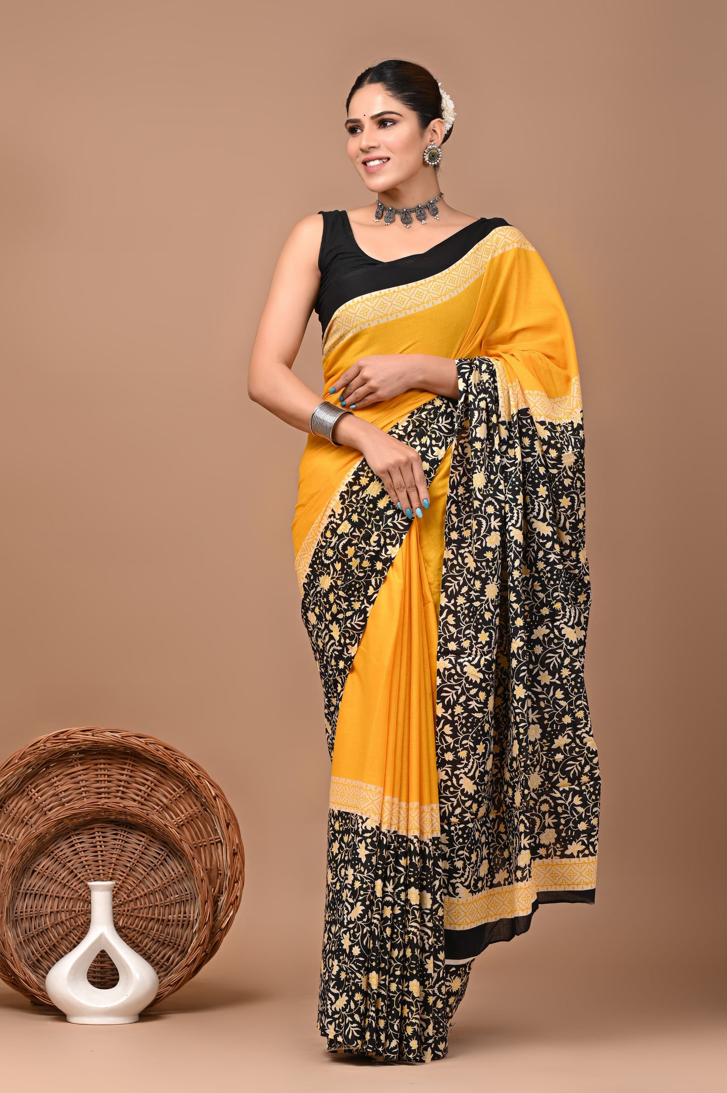 Bagrukala Hand Block Printed Cotton Mulmul Saree with Blouse for Women