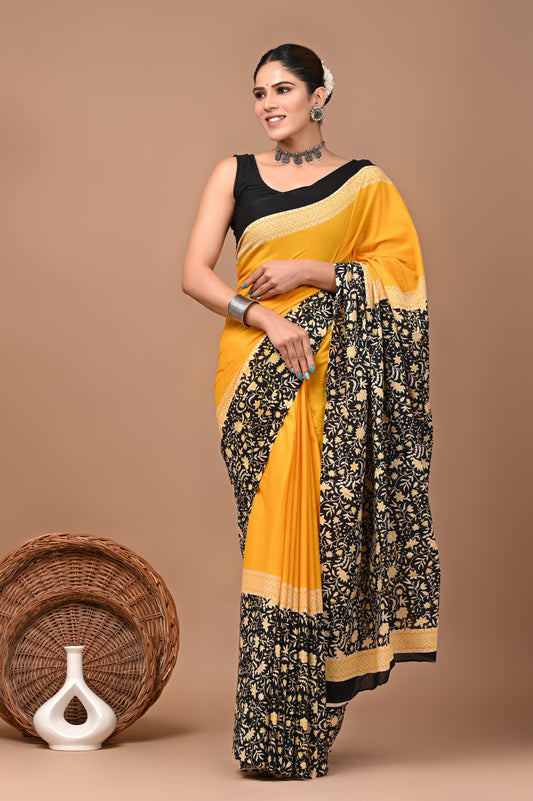 Bagrukala Hand Block Printed Cotton Mulmul Saree with Blouse for Women