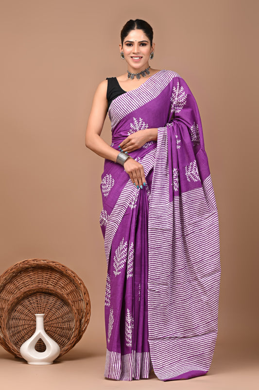 Bagrukala Hand Block Printed Cotton Mulmul Saree with Blouse for Women
