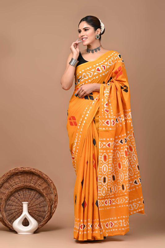 Bagrukala Hand Block Printed Cotton Mulmul Saree with Blouse for Women
