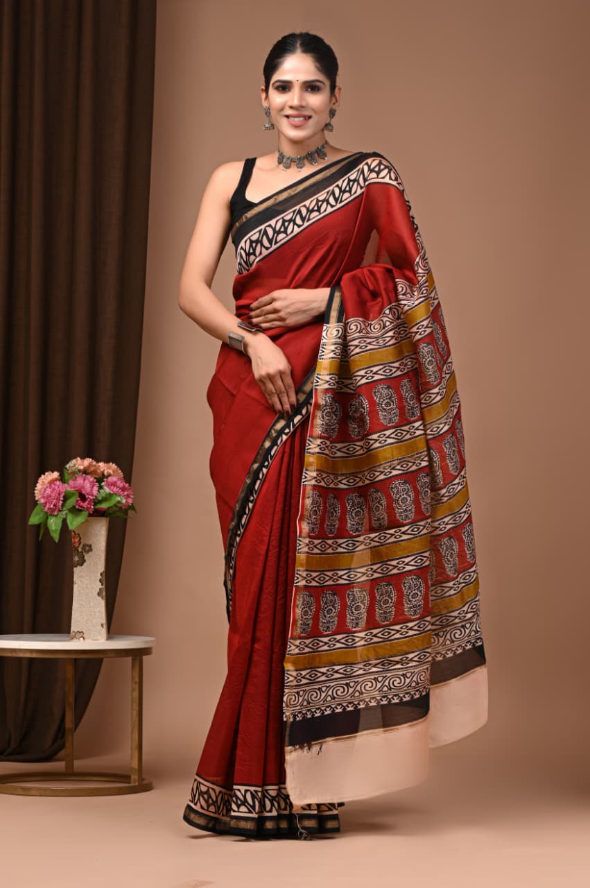 Exclusive Bagru Hand Block Pritned Chanderi Silk Saree with Blouse