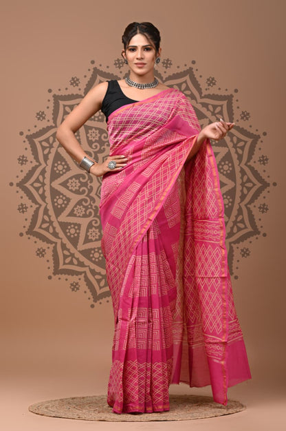 Exclusive Bagru Hand Block Pritned Chanderi Silk Saree with Blouse