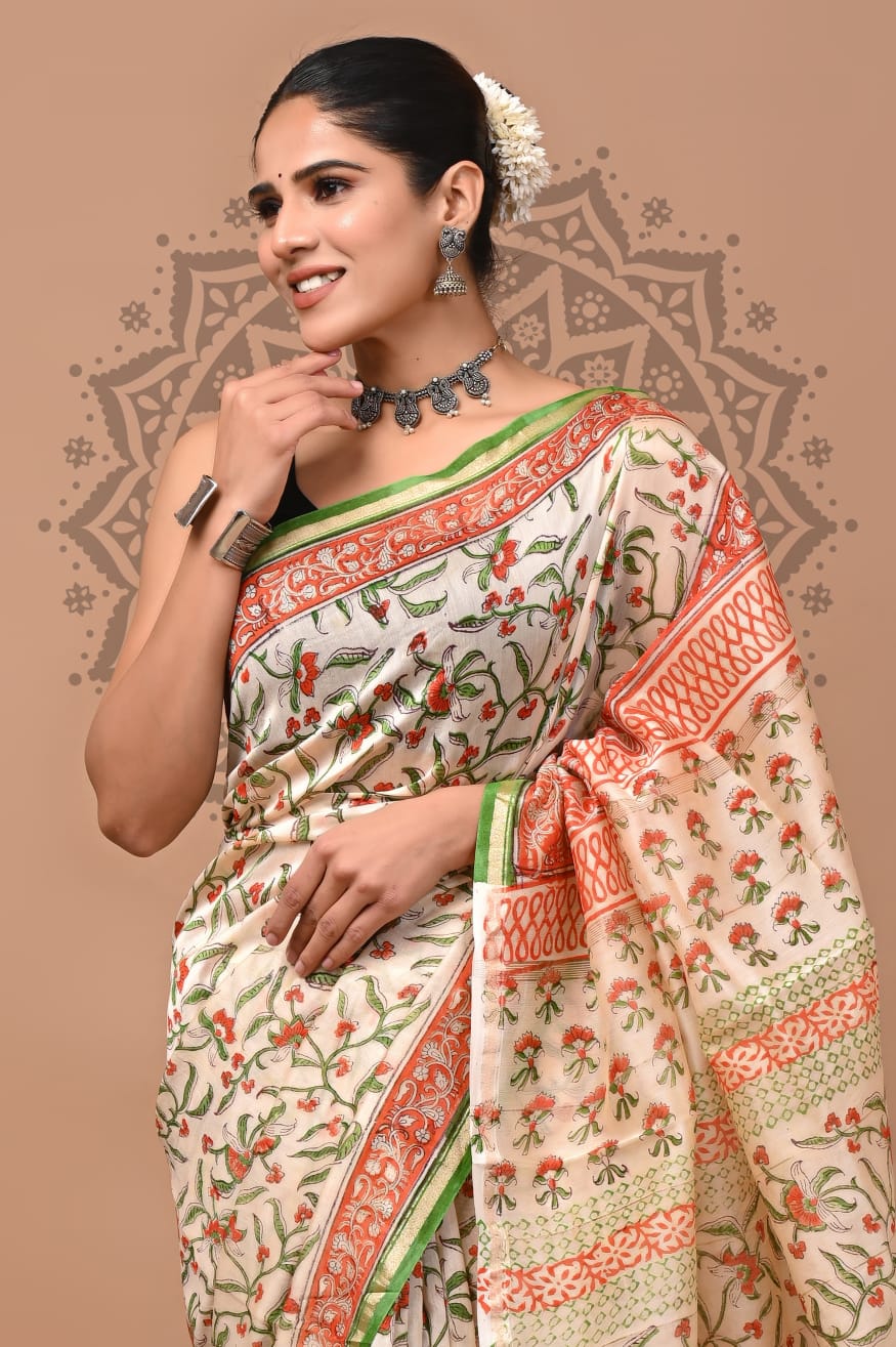 Handblock Chanderi Silk Saree