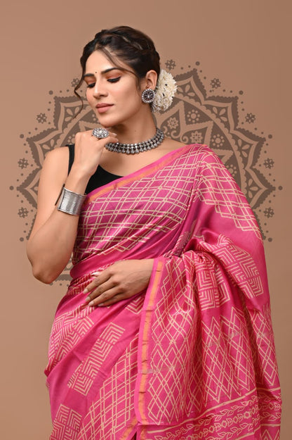 Exclusive Bagru Hand Block Pritned Chanderi Silk Saree with Blouse