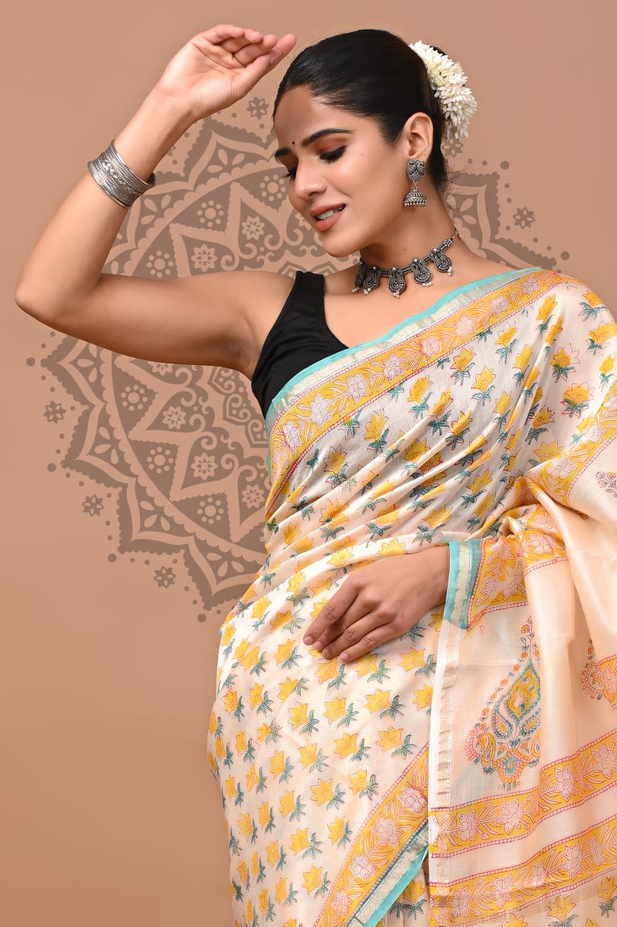 Handblock Chanderi Silk Saree