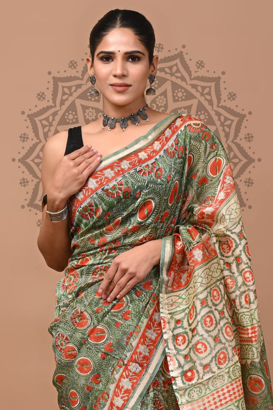 Handblock Chanderi Silk Saree