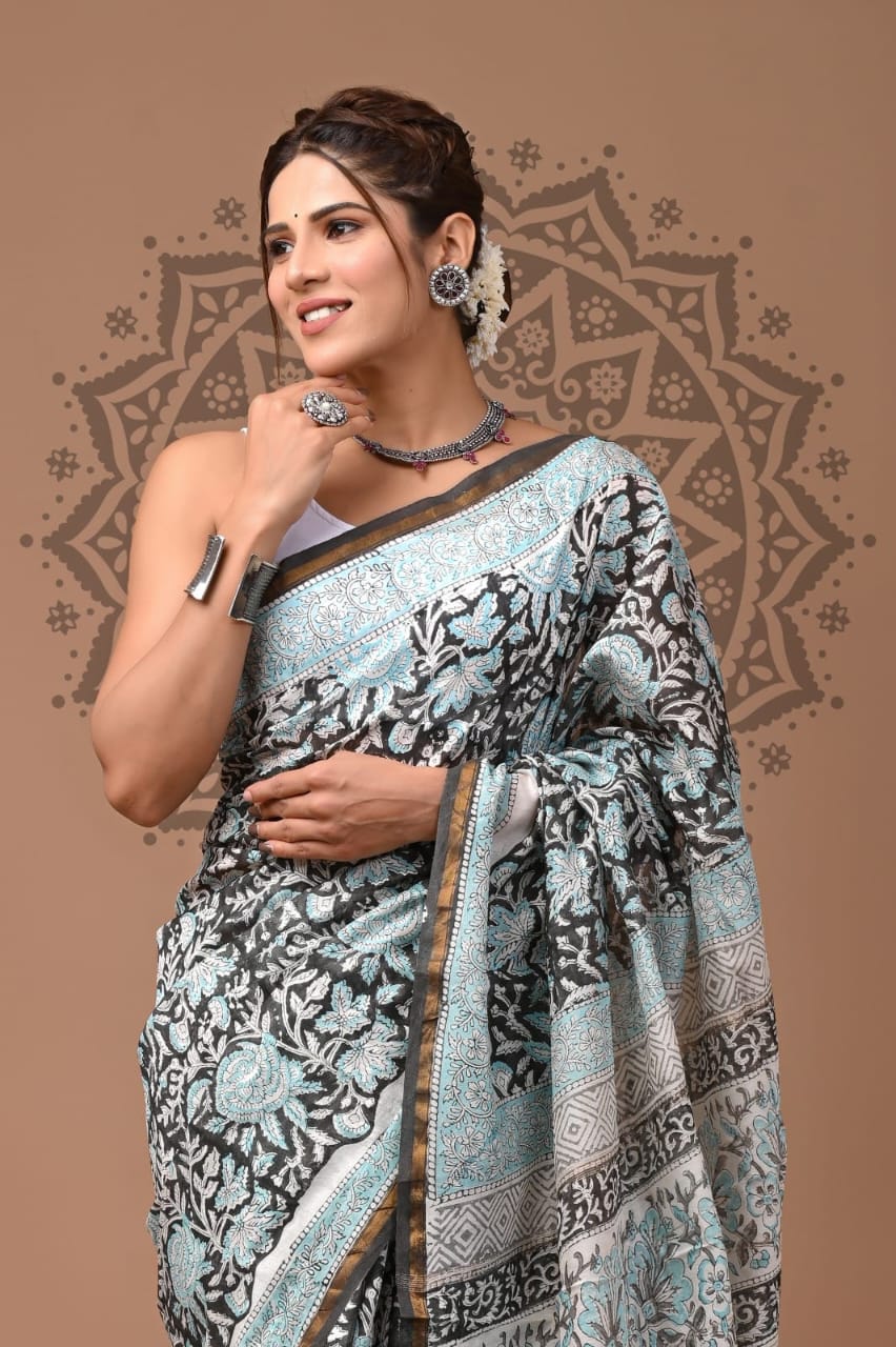 Handblock Chanderi Silk Saree