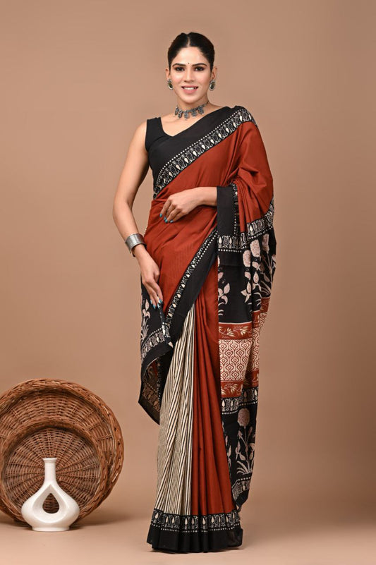 Bagrukala Authentic Bagru Print Cotton Saree with Blouse – Soft Daily Elegance