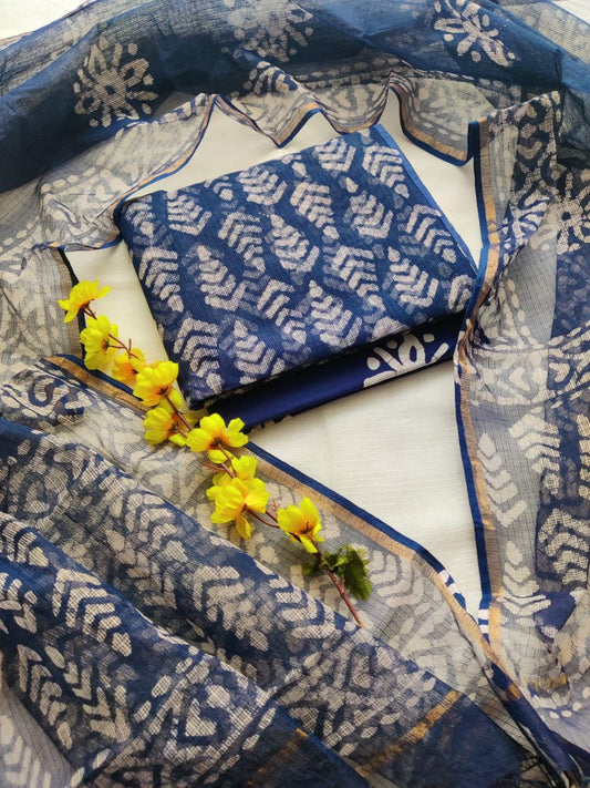 Bagrukala Traditional Handblock Kota Doriya Suit with Cotton Bottom